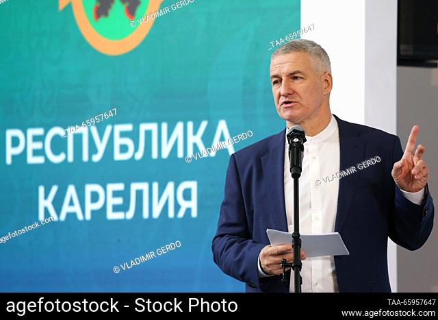 RUSSIA, MOSCOW - DECEMBER 21, 2023: Artur Parfenchikov, head of Russia's Republic of Karelia, speaks at the opening of Karelia Republic Day at the Russia Expo...