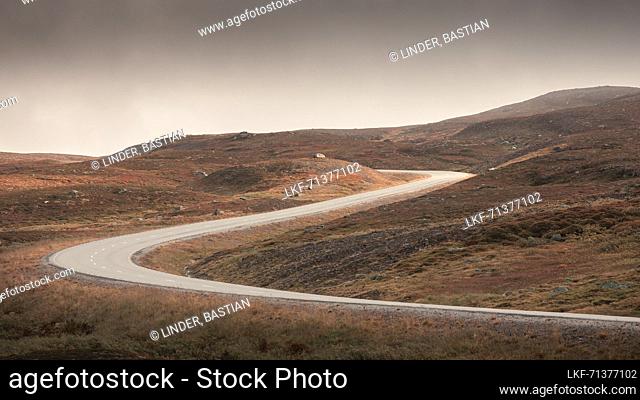 Road curves of the Wilderness Road, on the Vildmarksvagen plateau in JÃ¤mtland in autumn in Sweden