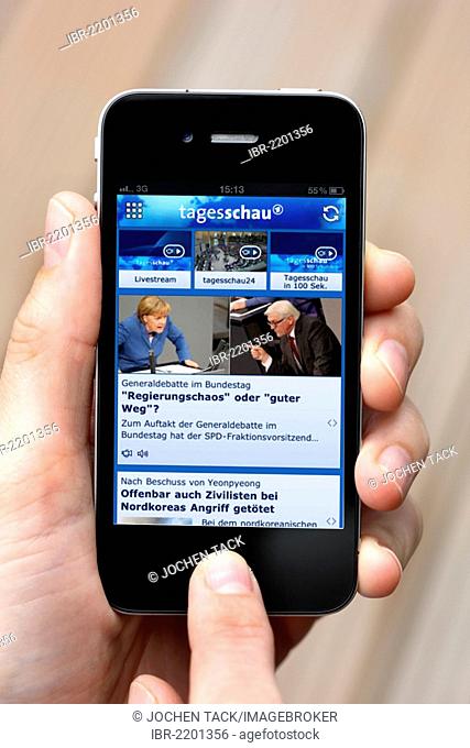 Iphone, smartphone, app on the screen, ARD Tagesschau, a German news magazine