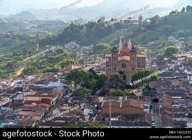 South America, Colombia, Departamento de Antioquia, Colombian Andes, Jericó, View of the Andean village Jericó and the Cathedral Nuestra Säora de las Mercedes