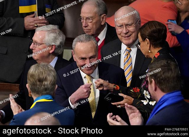 Senate Majority Leader Chuck Schumer of N.Y., along with Sen. Patrick Leahy, D-Vt., Sen. Chuck Grassley, R-Iowa, and Senate Minority Leader Mitch McConnell of...