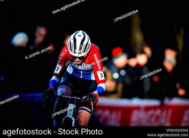 Dutch Puck Pieterse pictured in action during the women's elite race at the World Cup cyclocross cycling event in Namur, Belgium