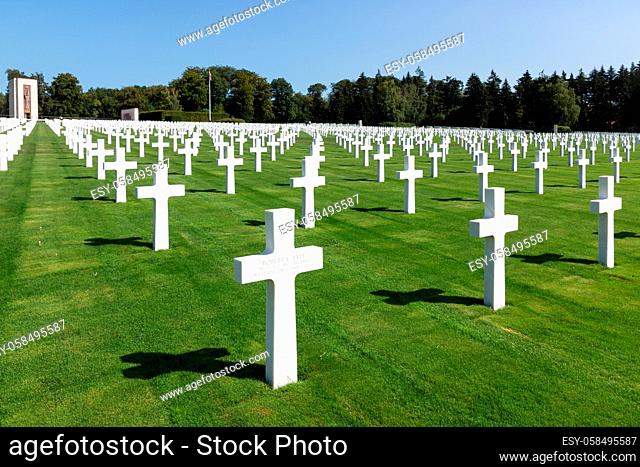 Hamm near Luxembourg city, Luxembourg - August 22, 2018: American WW2 Cemetery with memorial monument and headstones of 5073 buried soldiers