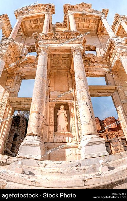 Celsus Library in Ephesus in Selcuk (Izmir), Turkey. Marble statue is Sophia, Goddess of Wisdom, at the Celcus Library at Ephesus, Turkey