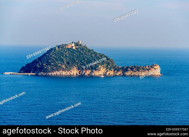 The island of Gallinara or Isola d'Albenga, in the ligurian sea, facing the village of Albenga
