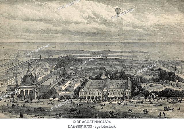 Bird's-eye view of the Nordic Exhibition of Industry, Agriculture, and Art at Copenhagen, Denmark, engraving from The Illustrated London News, No 2561, May 19