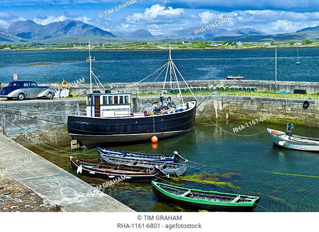 Panorama of Roundstone harbour and the Twelve Bens mountain range, Connemara, County Galway, Ireland