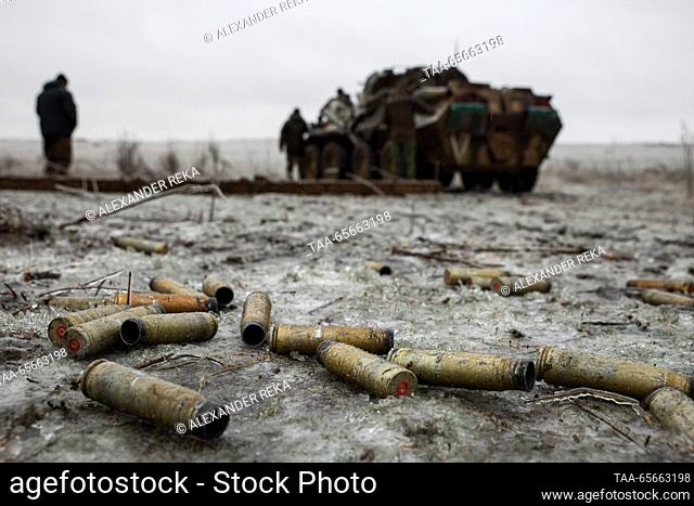 RUSSIA - DECEMBER 11, 2023: Empty bullet cartridges are seen during a combat mission by Russian Army Group South mechanised infantry unit in the Artyomovsk...