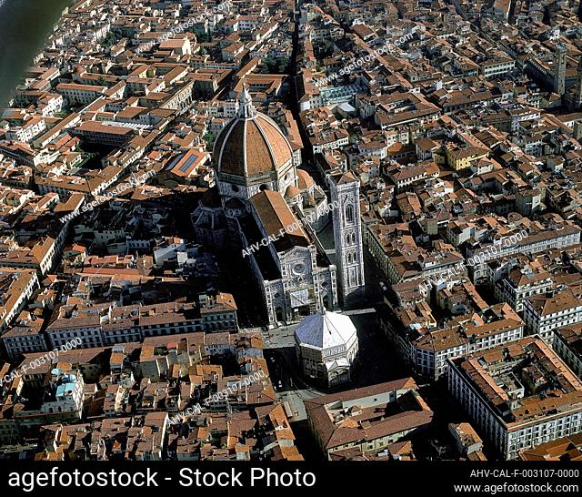 Fascinating aerial view of the city of Florence. The monumental complex of Santa Maria del Fiore and the Baptistry are clearly visible
