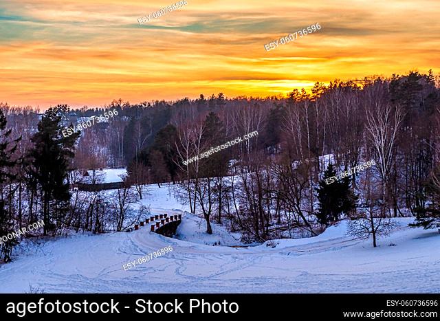 Beautiful Winter Landscape in the Sunset Background