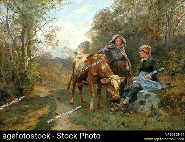 Dameron Emile Charles - Two Country Women and a Cow in a Woodland Landscape - French School - 19th Century
