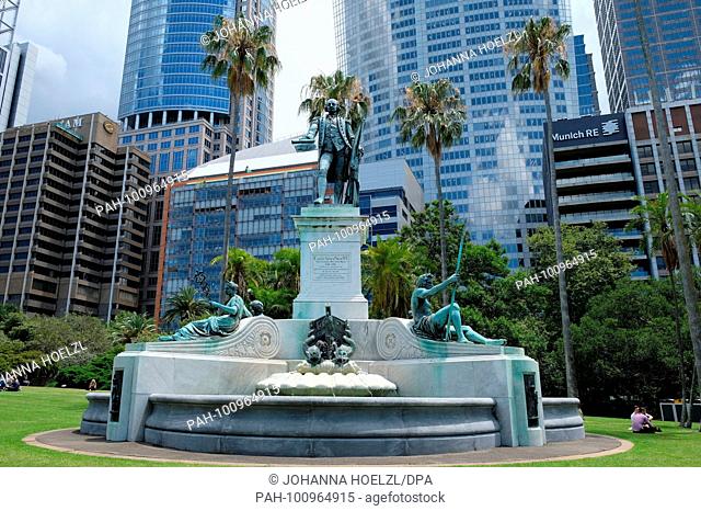 Captain Arthur Phillip was the founding Governor of the Colony of New South Wales - Statue with fountain of Phillip in the Royal Botanic Garden in Sydney - New...