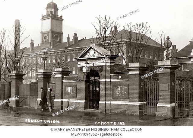 Fulham Workhouse on Fulham Palace Road, London. Postcard dates from the WW1 wartime period 1915-18 when the workhouse was being used as the Fulham Military...