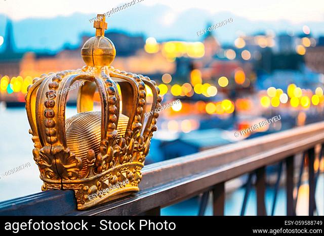Skeppsholmsbron Skeppsholm Bridge With Its Famous Golden Crown In Stockholm, Sweden
