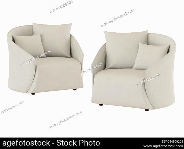 Two light soft armchairs with two pillows on a white background 3d rendering