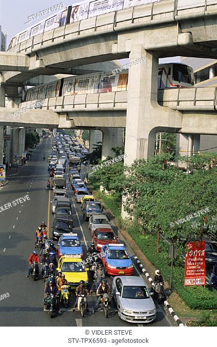 Asia, Bangkok, Cars, Congestion, Holiday, Landmark, Motorbikes, Pollution, Road, Scene, Skytrain, Street, Street scene, Thailand