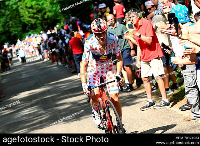 Italian Giulio Ciccone of Lidl-Trek wearing the red polka-dot jersey pictured in action during stage 20 of the Tour de France cycling race from Belfort to Le...