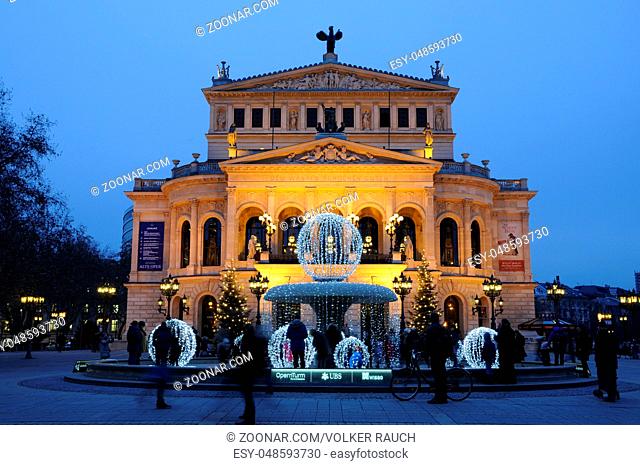 Alte Oper, Frankfurt, weihnachten, brunnen, weihnachtsschmuck, advent, alt, oper, opernhaus, gebäude, hessen, deutschland, brd, architektur, licht, beleuchtung