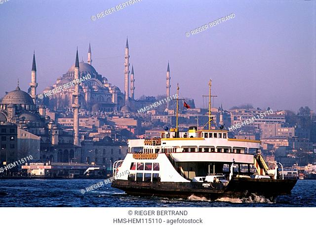 Turkey, Istanbul, ferry crossing the Bosporus in front of the Blue mosque