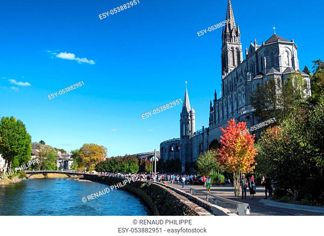 View of the basilica of Lourdes city, Pyrenees, France