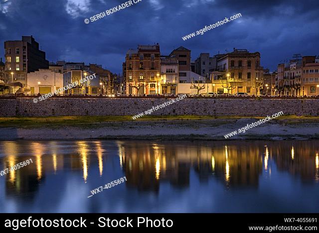 Blue hour and night in Tortosa city and the Ebro river (Tarragona, Catalonia, Spain)