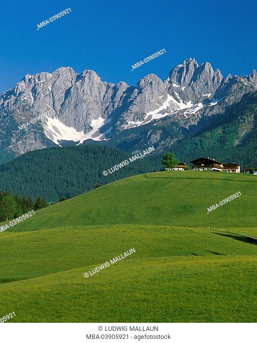 Austria, Tyrol, Kaiser-mountains, Ellmauer hold, rise, farm, Alps, mountain scenery, mountains, mountain-meadow, meadow, residence, farmhouse, rural, idyll