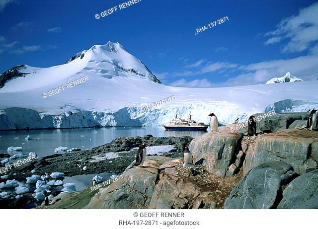The cruise ship World Discoverer at anchor in Port Lockroy, once a Second World War British Station, now a post office, Antarctic Peninsula, Antarctica