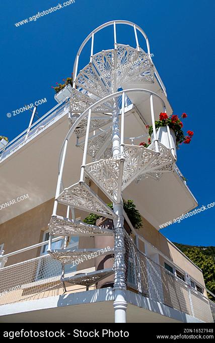 LAKE ISEO, LOMBARDY/ITALY - AUGUST 15 : Spiral staircase of a restaurant next to Lake Iseo in Lombardy on August 15, 2020