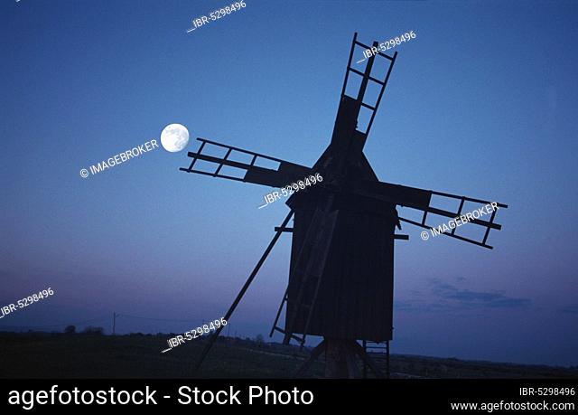 Windmill and full moon, Oland, Sweden, Europe