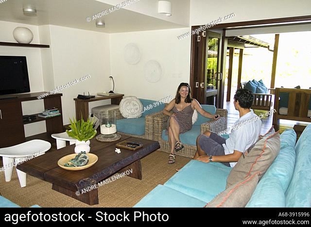 Living room in a villa for rent at Four Seasons Desroches island resort, Seychelles