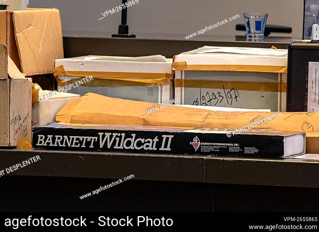 Pieces of evidence pictured during a session of the second assizes trial of French Jean-Claude Lacote (54) and his Belgian wife Hilde Van Acker (57) before the...