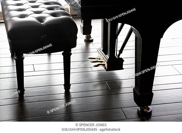 Grand Piano Foot Pedals and Bench on Dark Wood Floor