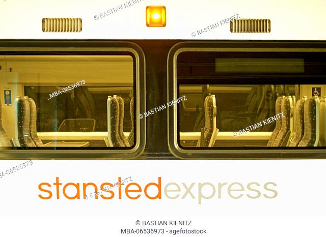The side view of Stansted Express train between the airport and the city of London