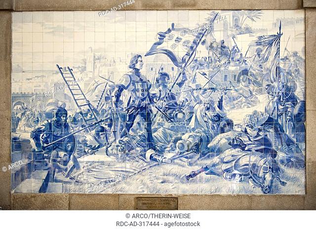 Painted tiles, representing conquest of Ceuta in XV century, Infante Dom Henrique, Sao Bento Railway Station, Porto, Portugal /Azulejos