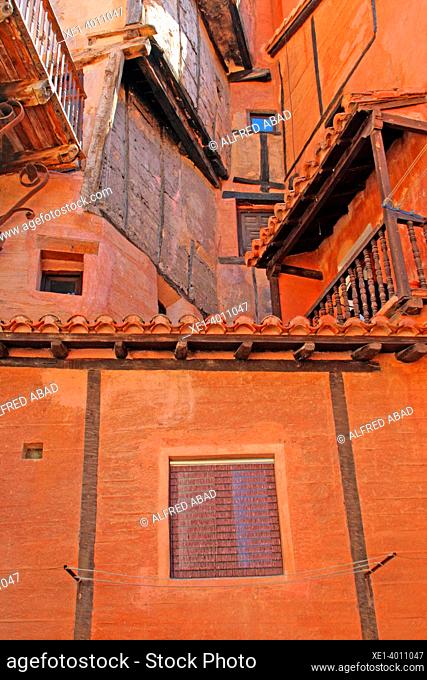 balconies and windows of traditional houses, Albarrasí, Teruel, Spain
