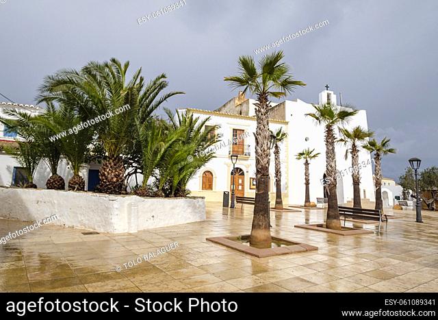 parish church of Sant Francesc in the rain, Formentera, Pitiusas Islands, Balearic Community, Spain