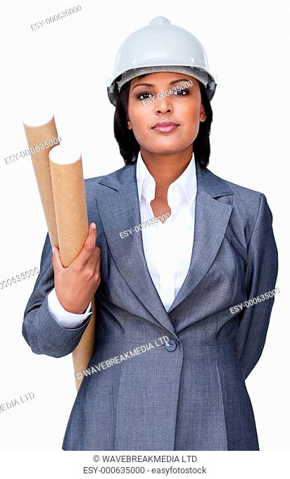 Serious architect holding blueprints isolated on a white background