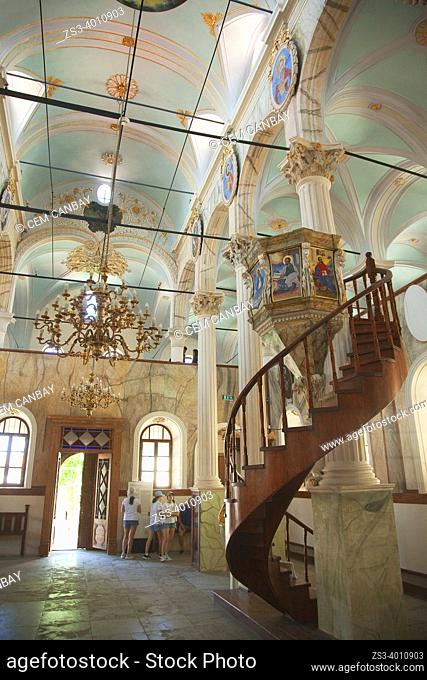 View to the interior of the old Greek Orthodox Cathedral converted into Taksiyarhis Monumental Museum at the town center, Ayvalik, Ancient Kydonies, Balikesir