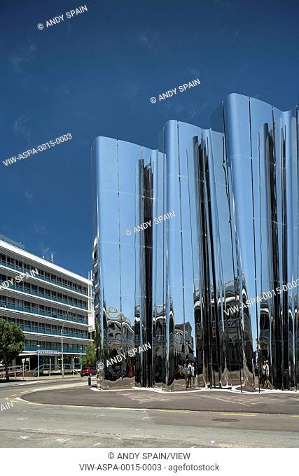 Detail of wave-form exterior steel facade. Len Lye Centre, New Plymouth, New Zealand. Architect: Patttersons Associates, 2015