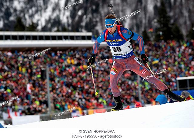 Russian biathlete Dmitry Malyshko in action during the men's 10 kilometer sprint at the Biathlon World Cup in the Chiemgau Arena in Ruhpolding, Germany