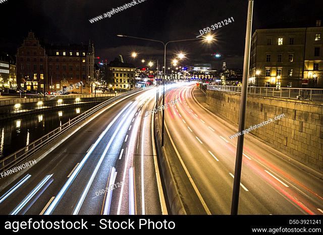 Stockholm, Sweden Traffic light trails from the Riddarholmen bridge at night