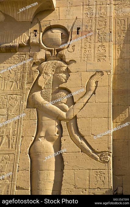 Relief of Goddess Hathor, The First Pylon, Temple of Isis, UNESCO World Heritage Site, Philae Island, Aswan, Egypt