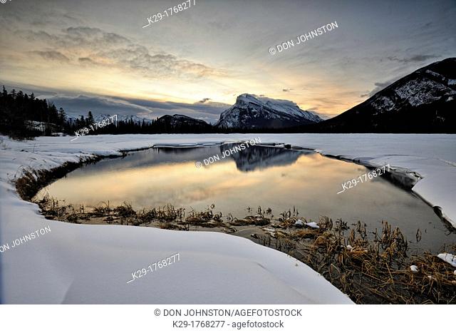 Mount Rundle reflected in the Vermilion Lakes at dawn, Banff National Park, Alberta, Canada