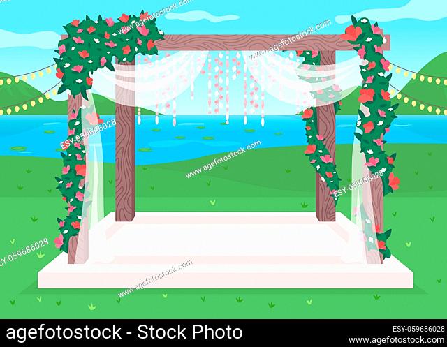 Luxurious outdoor wedding venue flat color vector illustration. Luxurious floral arch for celebratory party. Matrimony ceremony decoration 2D cartoon landscape...