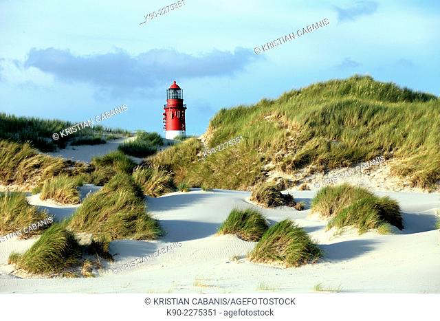 Lighthouse behind sand dunes, Amrum, North Frisian islands, Schleswig-Holstein, Germany, Europe