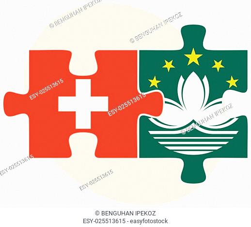 Switzerland and Macau Flags in puzzle isolated on white background