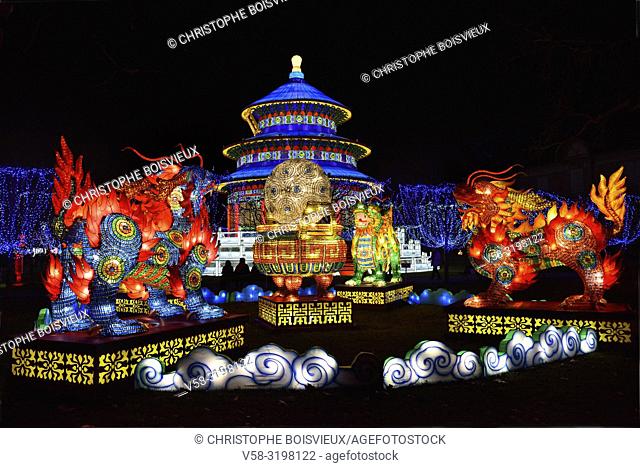 France, Tarn, Gaillac, Festival des lanternes (Chinese Lantern Festival), Qilin, mythical animals, half dragon, half lion, and temple of Sky