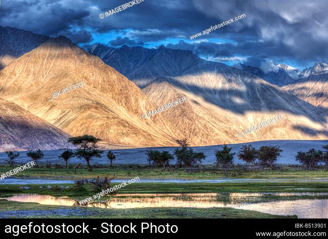 HDR (high dynamic range) image of Nubra river in Nubra valley in Himalayas, Hunder, Ladakh, India, Asia