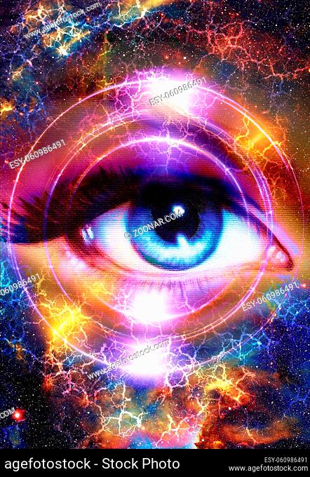 Woman Eye and cosmic space with stars and circle light. Flah in space, abstract color background, eye contact