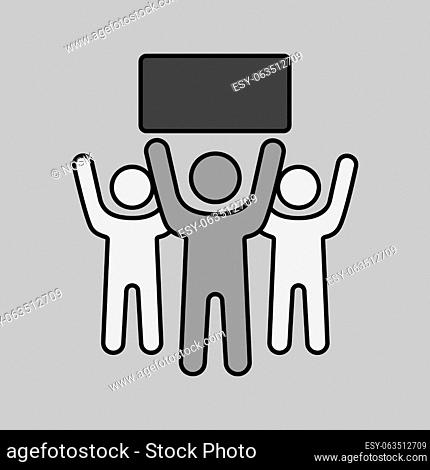 Crowd of people standing and holding in raised hands sign, banner, card vector isolated icon. Demonstration, protest, strike, revolution